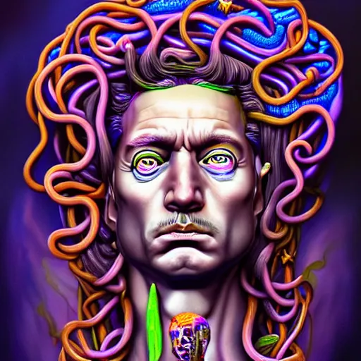 Prompt: an extremely psychedelic portrait of medusa as joebiden, surreal, lsd, face, detailed, intricate, elegant, lithe, highly detailed, digital painting, artstation, concept art, smooth, sharp focus, illustration