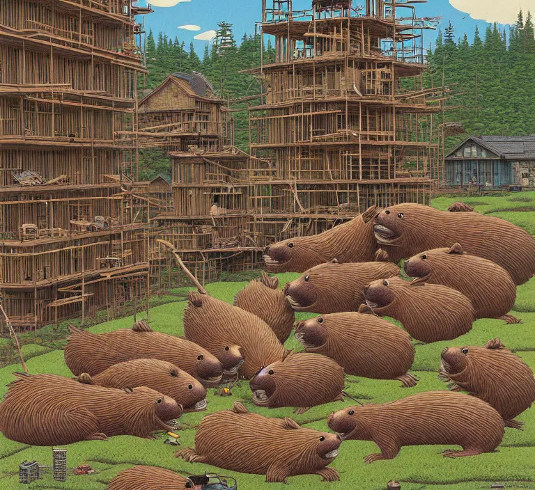 Image similar to photography hyperrealism concept art of highly detailed anthropomorphic beavers builders that building city with sticks by hasui kawase and scott listfield