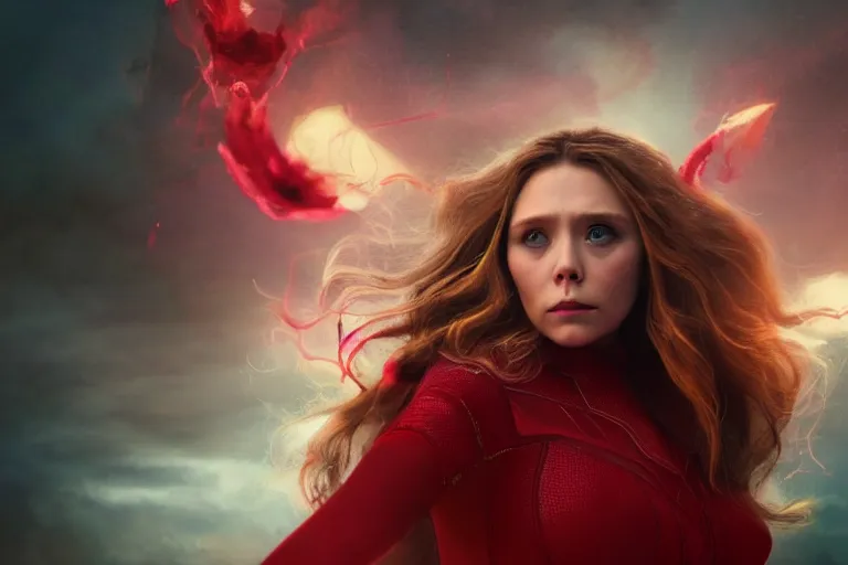 Image similar to movie still of elizabeth olsen as scarlet witch rewriting the fabric of reality, photorealistic art style, fantasy aesthetic. full - body photography, comprehensive art, thorough details, intricate, artstation, cgsociety contest winner