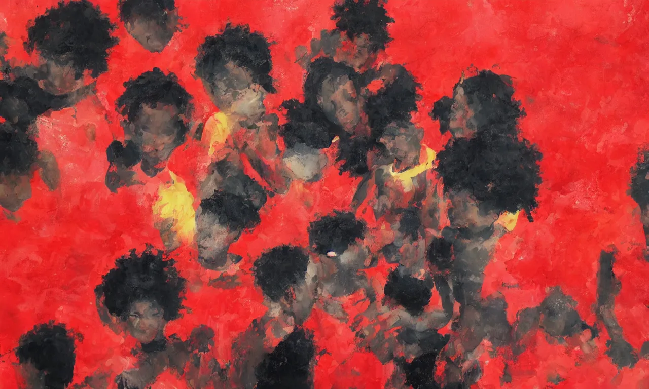 Prompt: black kids mixing with together in a red abstract background with clouds, a detailed painting by Wen Hsu, trending on artstation