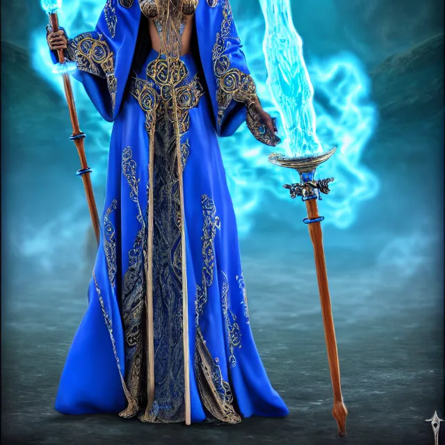 Prompt: elemental water witch in ornate blue robes and staff, highly detailed, 8 k, hdr, anne stokes