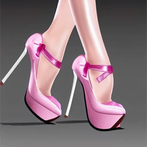 Image similar to pink leather 1 5 cm high heel shoes with 7 cm platform with ribbon to the ankle stripe, photorealistic, beautiful, architecture, clean, highly detailed, 8 k, ornate detail