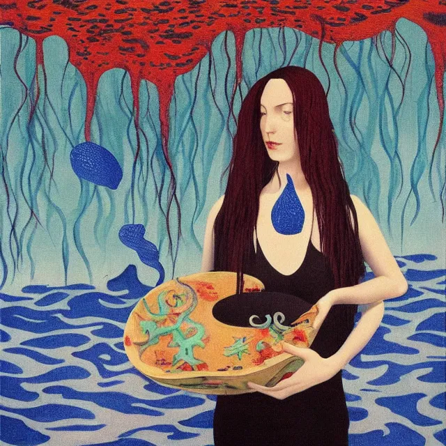 Image similar to tall emo female artist holding a blue starfish in her flooded kitchen, pomegranates, octopus, water gushing from ceiling, painting of flood waters inside an artist's apartment, a river flooding indoors, ikebana, zen, rapids, waterfall, black swans, canoe, berries, acrylic on canvas, surrealist, by magritte and monet