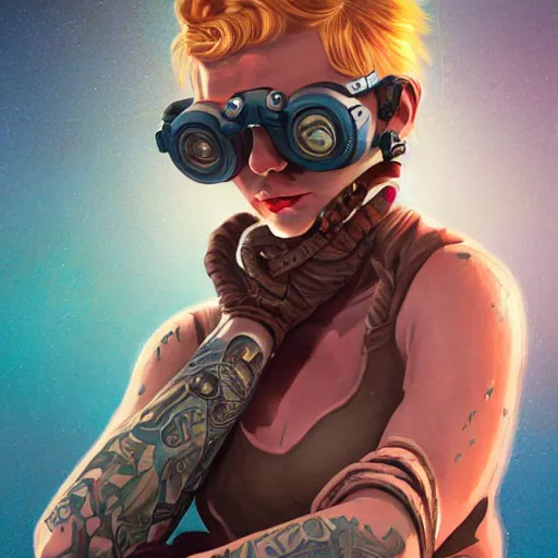 Prompt: tattooed stoic heroic emotionless butch blond woman engineer stranded on hostile dusty red alien planet, tribal chin - tattoo, awkward and anxious, victorian goggles, very short slicked - back hair, volumetric lighting, wlop, james jean, victo ngai! muted colors, rough paper, very detailed, craig mullins, thomas kinkade, cinematic