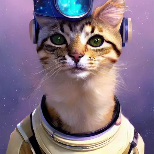 Image similar to head and shoulders masterpiece portrait of a cute adorable cat wearing a spacesuit, surreal background, digital art by krenz cushart, trending on artstation, cgsociety,