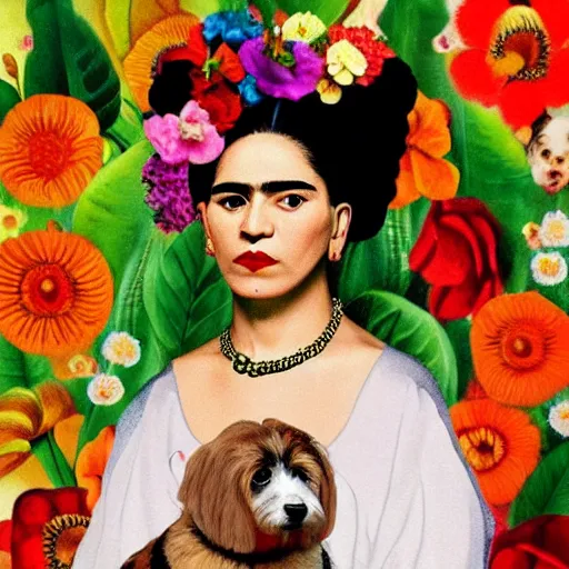 Image similar to a cream colored havanese dog dressed as frida kahlo, portrait by frida kahlo