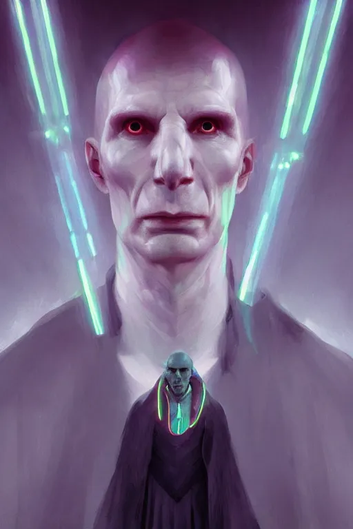 Prompt: Lord Voldemort without nose in cyberpunk, neon lighting, digital art from artstation by Ruan Jia and Mandy Jurgens and Artgerm and william-adolphe bouguereau and Greg Rutkowski and Wayne Barlowe