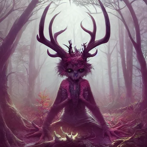 Image similar to highly detailed creepy forest creature with antlers, stephen bliss, unreal engine, fantasy art by greg rutkowski, loish, rhads, ferdinand knab, makoto shinkai and lois van baarle, ilya kuvshinov, rossdraws, tom bagshaw, global illumination, radiant light, detailed and intricate environment