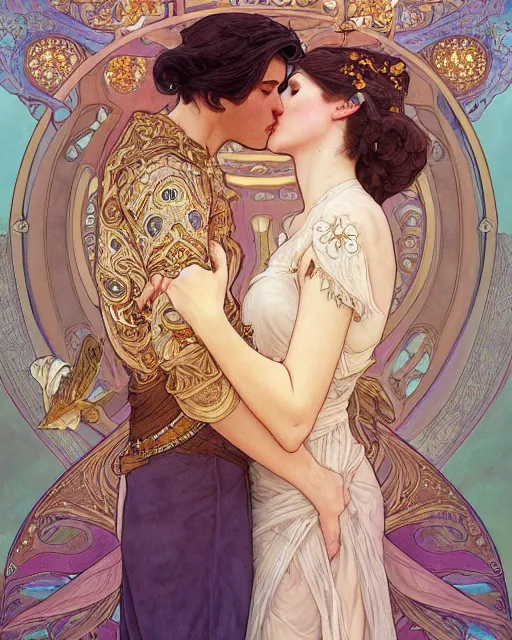 Prompt: the kiss | highly detailed | very intricate | art nouveau | gold filigree | romantic storybook fantasy | soft cinematic lighting | award - winning | watercolor illustration by mandy jurgens and alphonse mucha and alena aenami | pastel color palette | featured on artstation