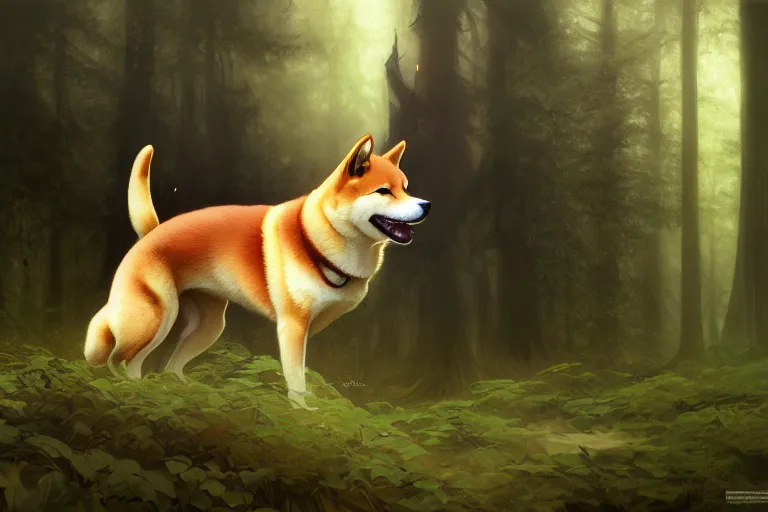 Prompt: Painting of a shiba inu in forest, dark fantasy, intricate, elegant, highly detailed, digital painting, artstation, concept photoset, smooth, sharp focus, photo, art by artgerm and greg rutkowski and alphonse mucha