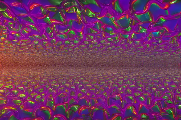 Image similar to a trippy illustration of interleaved pipes of multicoloured metallic plasticine fractals enclosed by a crystalline dome. dmt, machine elves, 8 k, octane render