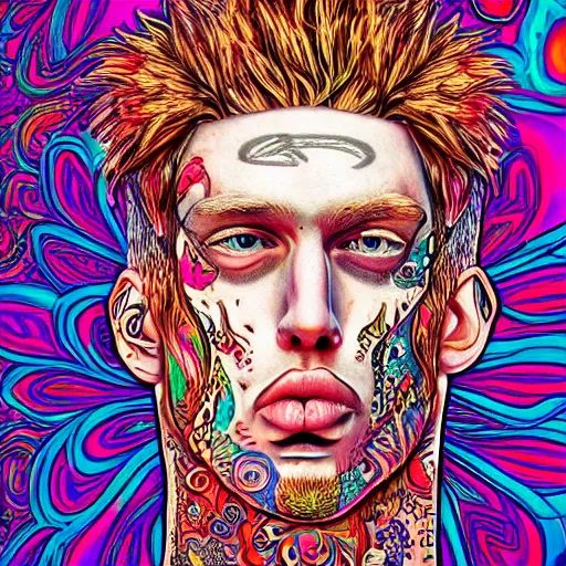 Image similar to an extremely psychedelic portrait of mgk, surreal, lsd, face, detailed, intricate, elegant, lithe, highly detailed, digital oth, sharp focus, illustration,