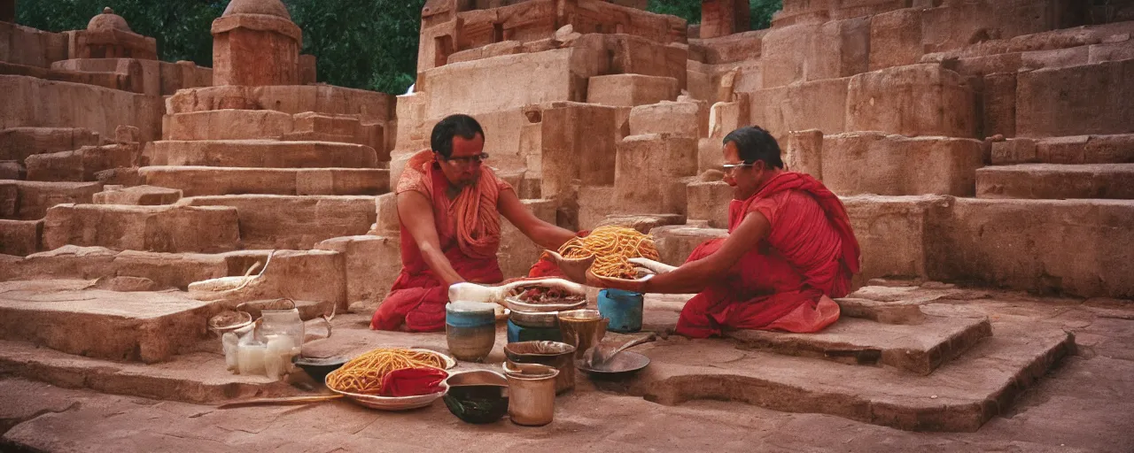 Image similar to offering spaghetti at sanchi stupa, ancient india, canon 5 0 mm, shallow depth of field, kodachrome film, in the style of galen rowell, retro
