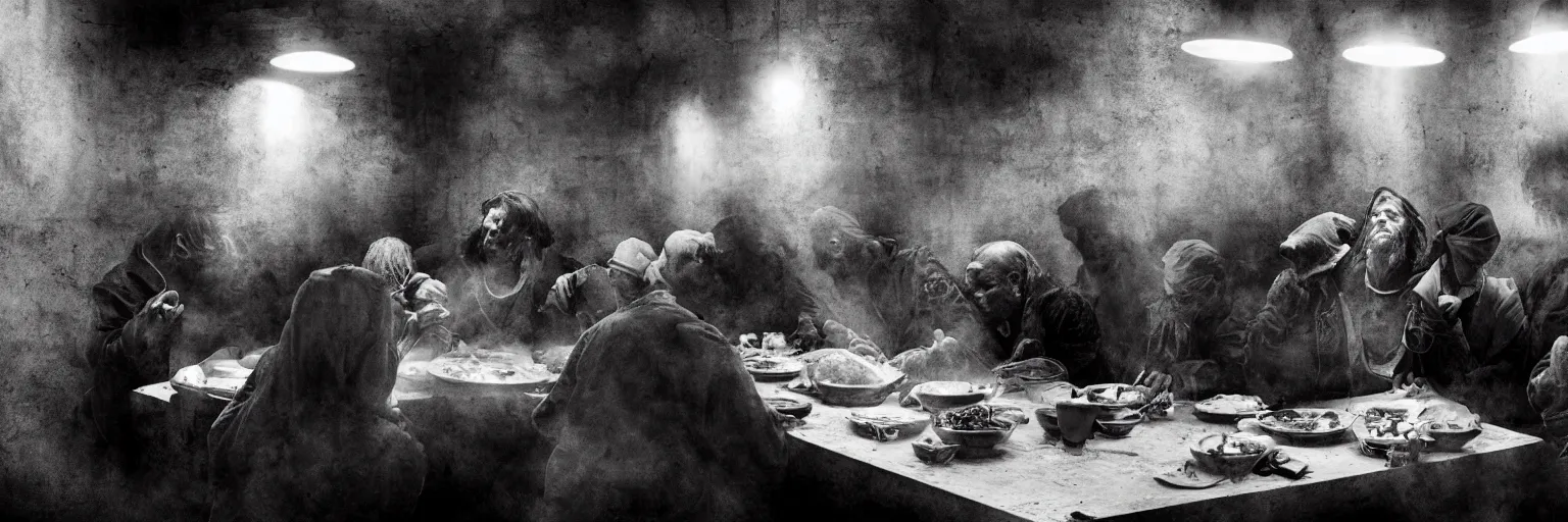 Image similar to Award Winning Editorial wide-angle picture of a Tramps in a new York Soup Kitchen by David Bailey and Lee Jeffries, called 'The Last Supper', 85mm ND 5, perfect lighting, gelatin silver process