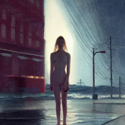 Prompt: Elle Fanning lost at sea at night in the world of Edward Hopper, stormy snowy weather, streetlights, extremely detailed masterpiece, oil on canvas, low-key neon lighting, artstation, Blade Runner 2049, Roger Deakin’s cinematography, by J. C. Leyendecker and Peter Paul Rubens,