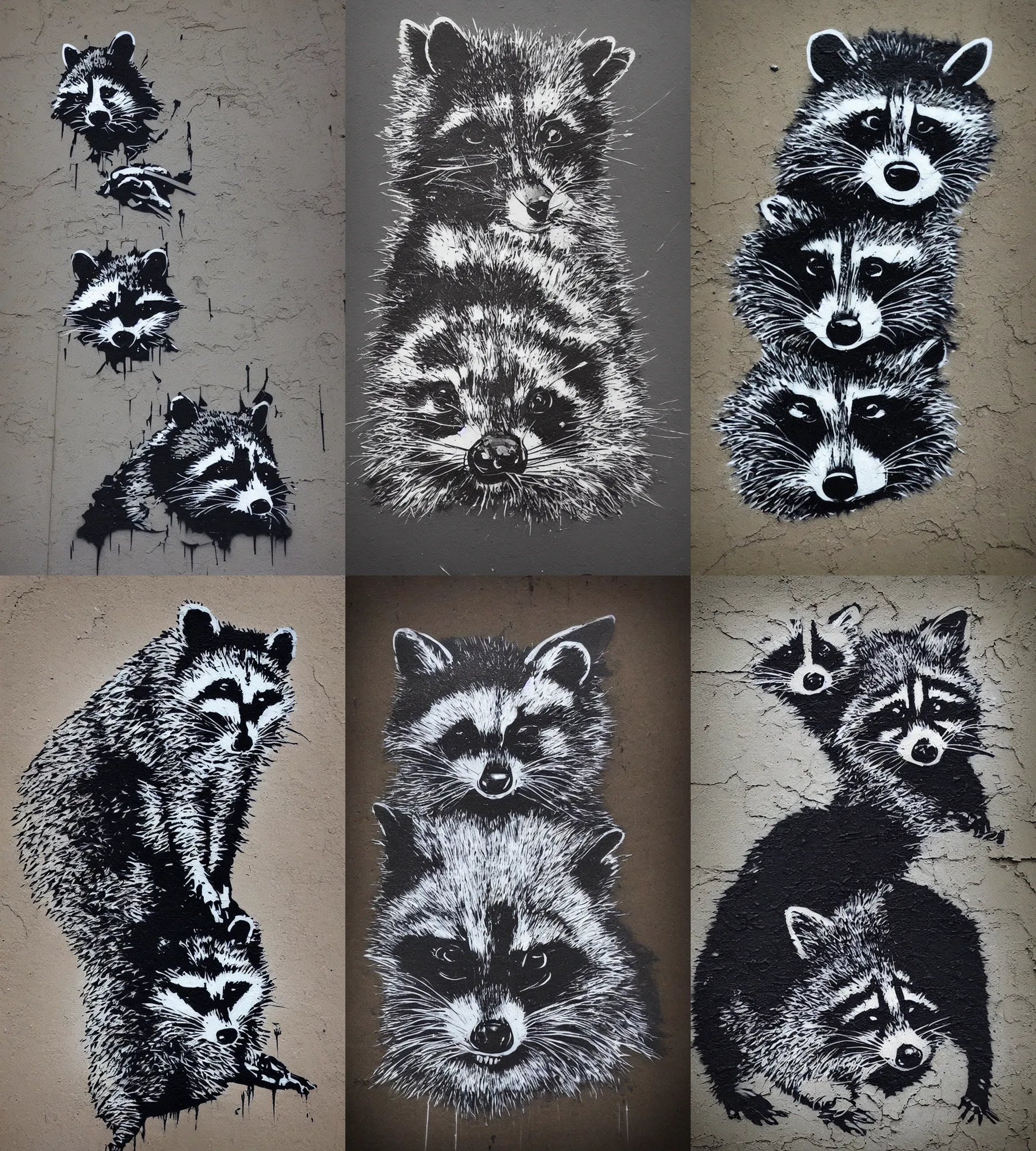 Prompt: Award winning image titled raccoon by Banksy street art, graffiti, high contrast trending on artstation