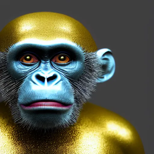 Image similar to Photography of ultra mega super hyper realistic detailed monkey by Hiromasa Ogura . Photo made from 30 meters distance on Leica Q2 Camera, Rendered in VRAY and DaVinci Resolve and MAXWELL and LUMION 3D, Volumetric cyan gold natural light. Wearing cyberpunk suit with many details by Hiromasa Ogura . Photo made from 30 meters distance on Leica Q2 Camera, Rendered in VRAY and DaVinci Resolve and MAXWELL and LUMION 3D, Volumetric cyan gold natural light