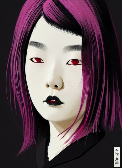 Image similar to portrait of a japanese woman with a crooked nose and a confident expression, 1 9 6 0 s, black clothes, goth, punk, brightly coloured hair, funk, intricate, elegant, highly detailed, digital painting, artstation, concept art, smooth, sharp focus, illustration, art by wlop, mars ravelo and greg rutkowski