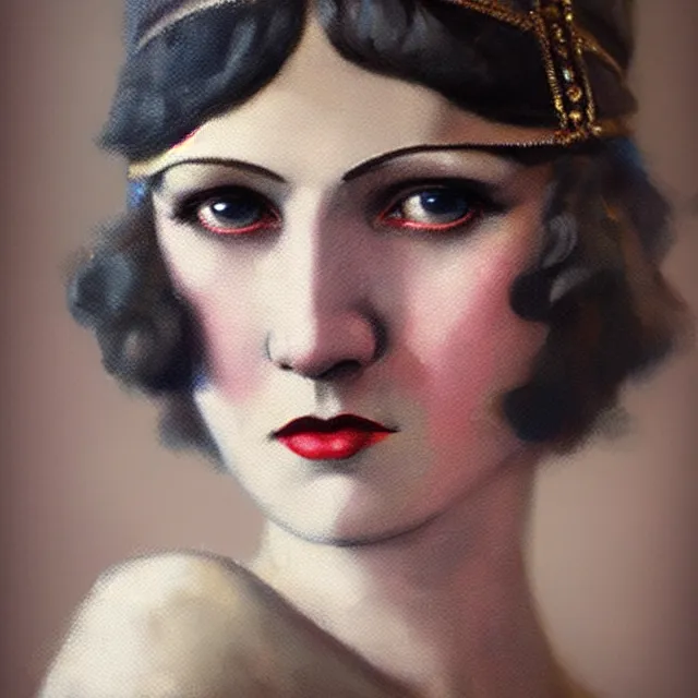 Prompt: 1 9 2 0 s flapper portrait, atmospheric lighting, painted, intricate, ultra detailed by leesha hannigan, thierry doizon, kai carpenter, well composed, best on artstation, cgsociety, epic, stunning, gorgeous, intricate detail, wow, masterpiece