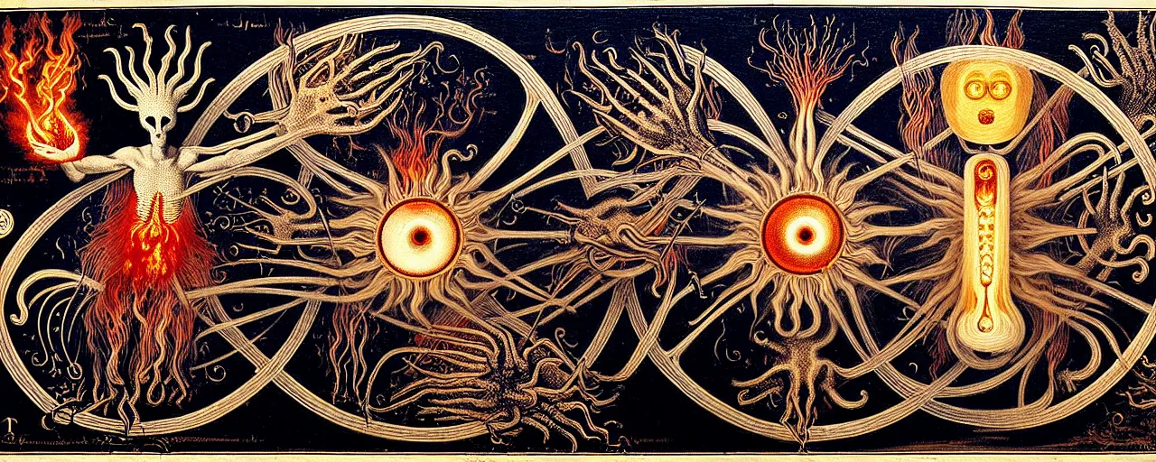 Image similar to a strange fire creature with endearing eyes radiates a unique canto'as above so below'while being ignited by the spirit of haeckel and robert fludd, breakthrough is iminent, glory be to the magic within, in honor of saturn, painted by ronny khalil