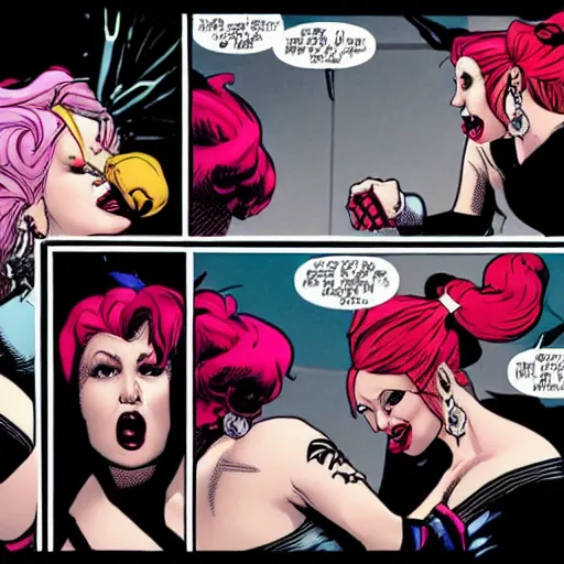 Image similar to in the style of rafael albuquerque comic art, harley quinn and cyndi lauper arguing about who wants to have more fun.