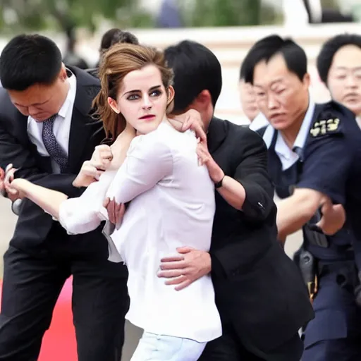 Image similar to angry emma watson putting xi jinping in a headlock as security agents close in, ap news