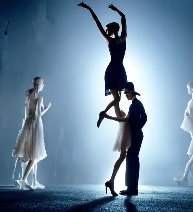 Image similar to la la land unseen film scene of gaz station by night starring seductive actress doing steps dancing and dressed by an organic looking dress from designer * iris van herpen *, with stylish colorfull makeup. intriguing soft back lighting, highly detailed, skin grain detail, photography by paolo roversi, nick knight