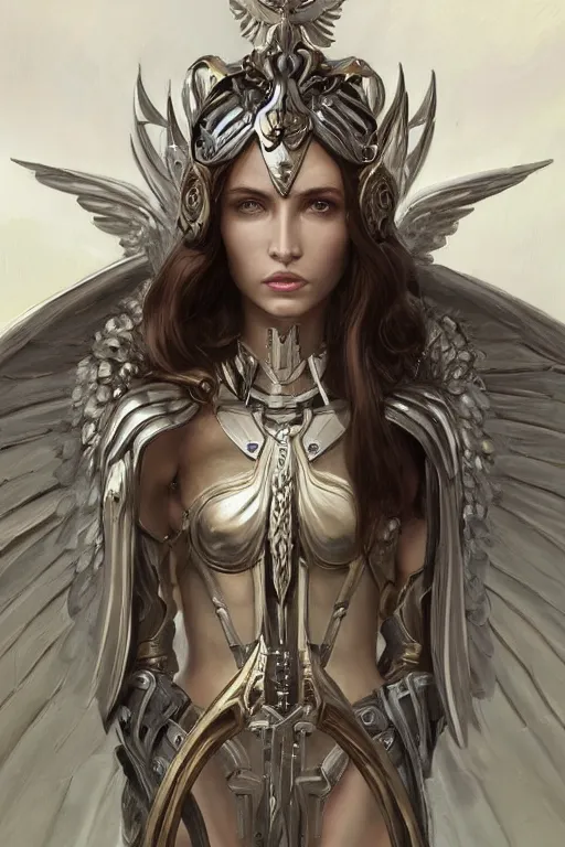 Prompt: a professional painting of a beautiful archangel woman, warhammer style , olive skin, long dark hair, beautiful bone structure, symmetrical facial features, intricate, elegant, digital painting, concept art, smooth, sharp focus, illustration, from Metal Gear, by Ruan Jia and Mandy Jurgens and Artgerm and William-Adolphe Bouguerea