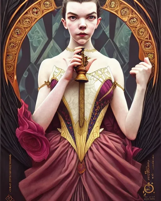 Prompt: 2 5 year old anya taylor - joy ( queen's gambit ) as a chess queen, art nouveau, fantasy, intricate, elegant, highly detailed, sharp focus, art by artgerm and greg rutkowski and wlop