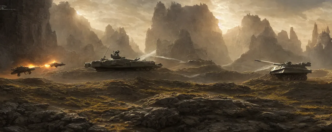 Image similar to main battle tank and helicopter at war, in the ancient abandoned city epic scene, at middle earth, volumetric lighting, futuristic, intricate, highly detailed, digital painting, artstation, concept art, cinematic, smooth, sharp focus, illustration, unreal engine 5, 8 k, art by artgerm and greg rutkowski and alphonse mucha