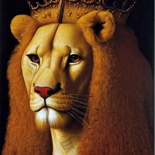 Image similar to portrait of a king with a lions head for a head, oil painting by jan van eyck, northern renaissance art, oil on canvas, wet - on - wet technique, realistic, expressive emotions, intricate textures, illusionistic detail