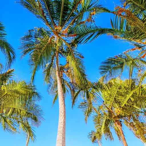 Image similar to corkscrew palm trees clear blue sky, flying