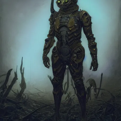 Image similar to stalker exoskeleton armor, anthropomorphic shiba inu, holding glowing stalker artefact, stuning 3 d render, masterpiece, glowing black aura, foggy dark graveyard, by donato giancola and greg rutkowski and wayne barlow and zdzisław beksinski, realistic face