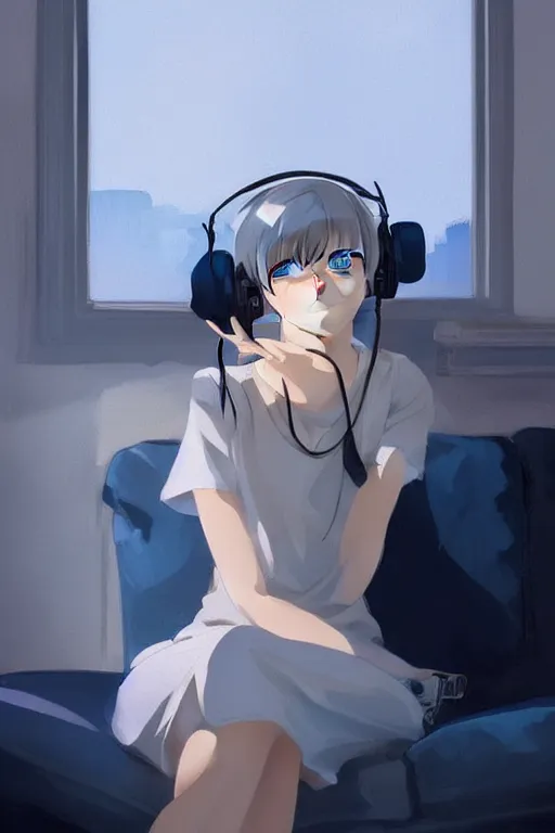Prompt: a cute young woman sitting on a couch while listening to music with her eyes closed and wearing headphones by Ilya Kuvshinov and Range Murata, white bob cut hair, blue filter, blue and white, soft lighting, atmospheric, cinematic atmosphere, moody, Krenz Cushart, digital painting, 8k