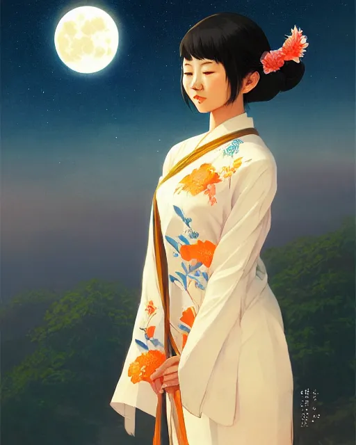 Prompt: asian female wearing traditional vietnam costume, full moon on the sky, a ultra detailed beautiful panting by ilya kuvshinov, greg rutkowski and makoto shinkai, trending on artstation