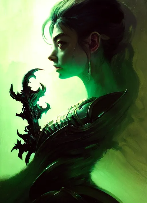 Prompt: side portrait, imogen poots, deathknight, black armor, gloomhaven, soft, smooth, luminescent, haunting, pale green backlit glow, evil inky swirly ripples, sickly colors, by greg rutkowski, jesper ejsing, rhads, ilya kuvshinov, cushart krenz