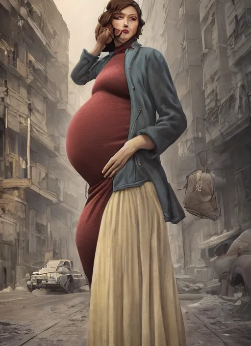 Image similar to full-length portrait of a pregnant woman on the street of besieged Leningrad, historically reliable photo chronicle, winter 1941, , ultra detailed, digital art, octane render, 4K, dystopian, micro details, in the style of Ilya Kuvshinov and Range Murata