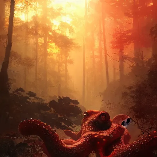 Prompt: Forest Octopus under the red sun of Akkaroth, before the final culling, trending on artstation, high detail, masterpiece, in the style of Ruan Jia, Norman Rockwell, Sparth