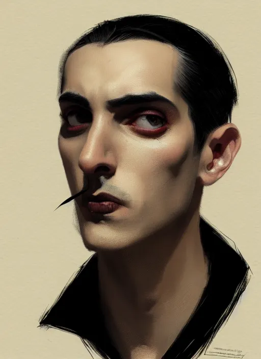 Prompt: portrait of a man with a broad face and a crooked nose and a confident expression, 1 9 6 0 s, black clothes, goth, punk, funk, intricate, elegant, highly detailed, digital painting, artstation, concept art, smooth, sharp focus, illustration, art by wlop, mars ravelo and greg rutkowski