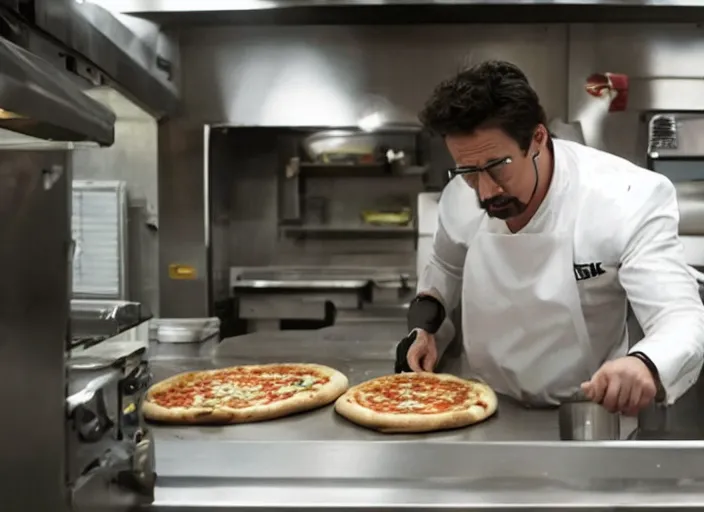 Image similar to film still of Ironman working in a pizza parlor making pizza in the new Avengers movie, 4k