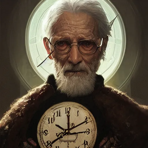 Prompt: Portrait of an elderly wizard wearing a cloak with clock iconography, detailed face, fantasy, highly detailed, cinematic lighting, digital art painting by greg rutkowski