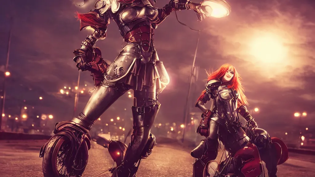 Prompt: cosplay red haired, female character, light armour, skirt, riding steampunk motorcycle, in fantasy sci - fi city, night time, city lights, motion blur, final fantasy, cinematic, realistic, stylised, unreal engine, lumen, realistic, artgerm