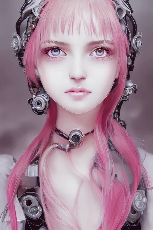 Prompt: very up close portrait, of fashion elegant sophisticated of a translucent cute dainty cyborg lolita girl ， big eye ， white and pink hair, ultra detailed wire decoration, complex future mechanical brain devices, micro detail, by nixeu and guweiz weta, sleek curves, intricate sharp focus, trending on artstation hq, deviantart, pinterest, unreal engine