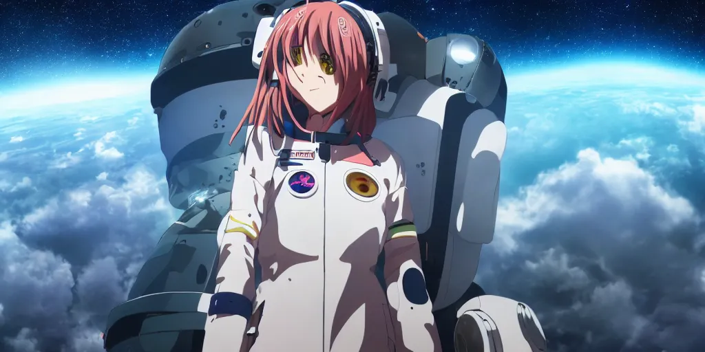Prompt: High resolution photo of an anime girl in a spacesuit in awe at the beauty of the universe, 4k/8k, Cinematic Movie Photograph, Cinematic Lighting
