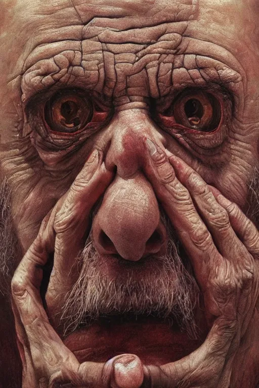 Image similar to hyperrealism oil painting, close - up portrait of a scary old man with a thousand eyes and mandibles, in style of baroque zdzislaw beksinski