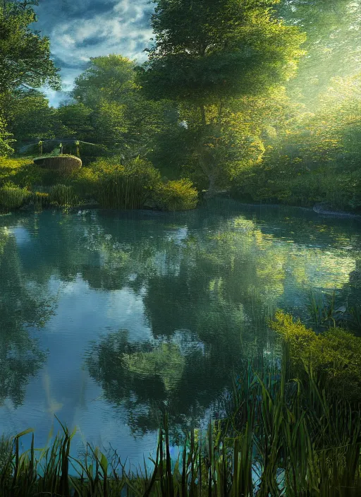 Image similar to photography of an ethereal pond with a central glare, mystical masterpiece, epic, cinematic, hyperealistic, high detailed, corona render, hdr, ray tracing