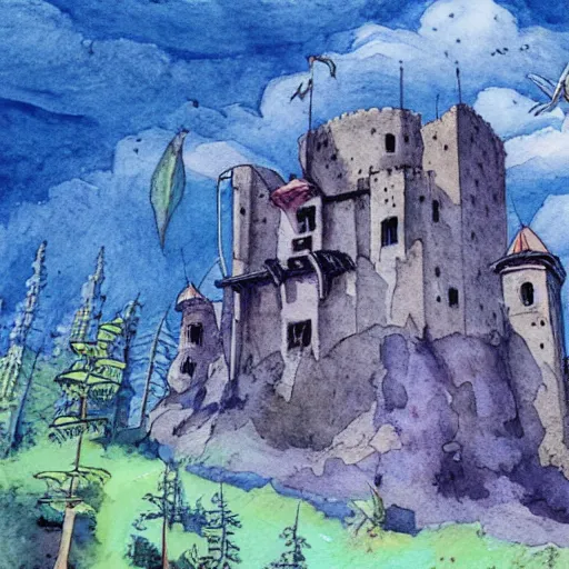 Prompt: laputa castle in the sky flies over the forest, watercolor illustration for a book