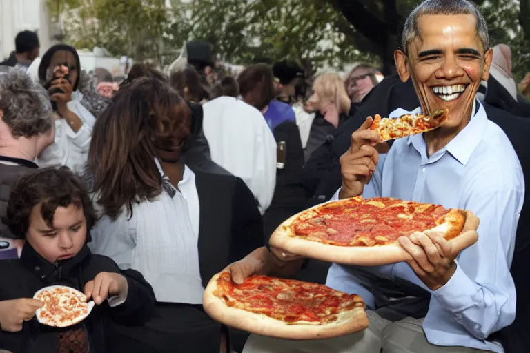 Prompt: a photo of obama eating pizza