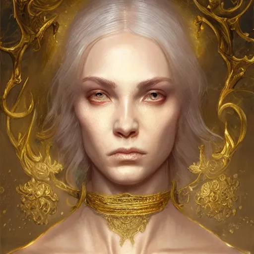 Image similar to female pale aristocrat, gold, character portrait, concept art, intricate details, highly detailed by greg rutkowski, michael whelan and gustave dore, face enhance, ultra detailed