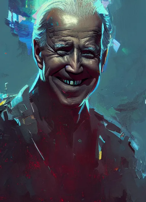 Image similar to Joe Biden grinning all powerful emperor of the world, high contrast, cosmic horror, abstract, masterpiece, trending on ArtStation, by Greg Rutkovski and by Craig Mullins and by David Cronenberg and by Ismail Inceoglu, dark